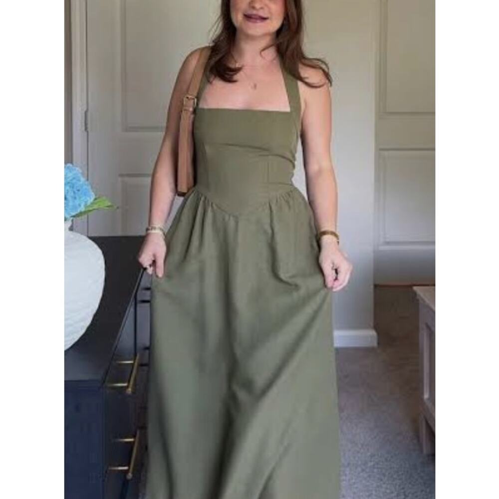 Commense Olive Green Linen and Cotton Halter Maxi Dress Sz S Boho Lagenlook NWT - Picture 3 of 9